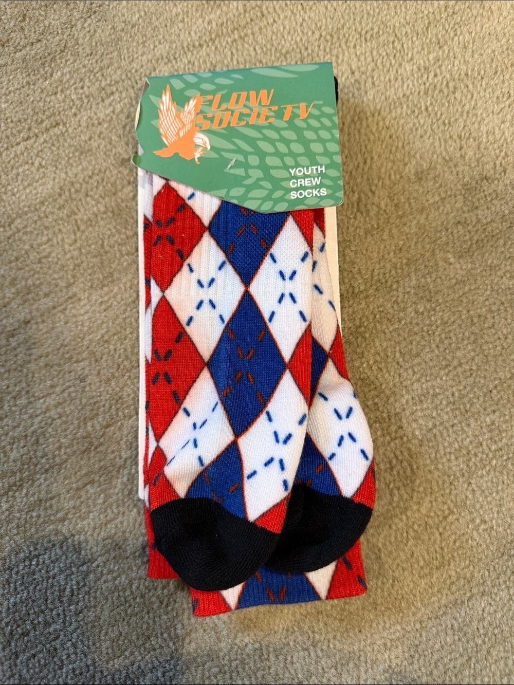 Flow Society Red, White & Blue Argyle Crew Socks with Black Toe